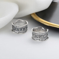 wholesale S925 Sterling Silver Retro Matte Wide Openwork Six-Syllable Mantra Heart Sutra Ethnic Style Unisex Adjustable Ring-687J/polishing about 3.9g Opening adjustable