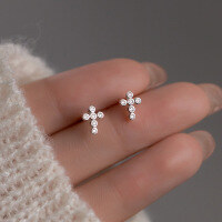 wholesale S925 Sterling Silver Diamond-Studded Cross Threaded Earrings with Ins-Style Fresh and Minimalist Design (M03225)-S925 silver pair>925 silver