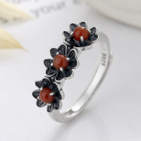wholesale S925 Sterling Silver Retro Resin Green Flower Three-Dimensional Design Inlaid with Southern Red Agate Adjustable Open Ring for Women-YJ828M/approx. 2.8g Adjustable opening