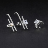 wholesale S925 silver fashion light luxury earring three-piece set, inlaid with natural freshwater pearls and matching 5A zircon stud earrings and ear clips-S925 sterling silver inlaid with natural pearls + white zirconium 925 silver