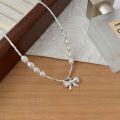 wholesale S925 Sterling Silver Natural Baroque Pearl Bow Necklace for Women, Korean Internet Celebrity Hit High-End Collarbone Chain-0-1