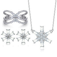 wholesale 925 Sterling Silver Jewelry Set: Snowflake Flower Stud Earrings, Star Hexagram Necklace, Zirconia Pave Bow Ring-Earrings TLED131>925 silver