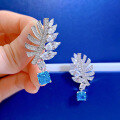 wholesale 925 Silver High-Carbon Diamond Earrings with Hand-Set 7*7 Aquamarine Princess-Cut Feather Drop Earrings-0-2