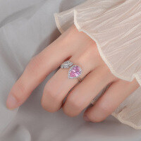 wholesale 925 Silver with Zirconia Leaf Waterdrop Ring for Women, Light Luxury Fashion, High-End Sense, Ins Style, Adjustable Opening Index Finger Ring-xb1253-pink diamond leaf ring