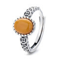 wholesale S925 Sterling Silver Retro Antique Style Coin Red Agate/Amber/Blood Amber Ring Light Luxury National Tide Adjustable Ring-0-4