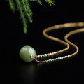 wholesale Silver-gilded with certificate, natural Hetian jade retro Chinese-style inlaid jade pendant, light aqua green jade "Lulu Tong" necklace-0-2