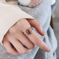 wholesale S925 Silver Retro Hollow-Out Auspicious Cloud South Red Agate Oval Geometric Design National Tide Palace Style Ring-YJ1383M/approx. 3.3g Adjustable opening