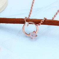 wholesale 925 Silver Fashion OL Rose Surface Rose Quartz Necklace, Pink Crystal Peach Blossom Collarbone Chain Gift for Best Friend-Rose Gold Hibiscus Quartz Necklace 925 Silver