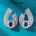 wholesale S925 Silver Fashion Gala Style Luxury Inlaid 6*8mm Blue Sapphire Earrings High-End Sense Women's Live Broadcast Drop Shipping-0-0