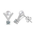 S925 Silver V-Shaped Pearl Earrings with D Color Moissanite and Natural Freshwater Pearls-0-3