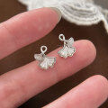 wholesale Sterling Silver S999 Three-Life Lucky Ginkgo Leaf White Shell Stud Earrings for Women, Designed with a Sense of Light Luxury and Sweet Style, Trendy Ear Accessories-0-0