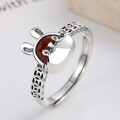 wholesale S925 Sterling Silver Vintage Lovely Rabbit Design Accented with Southern Red Coin-Inlaid Openable Ring-0-1