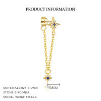 wholesale S925 Sterling Silver Evil Eye Star Moon Tassel Earrings with Inlaid Diamonds, Women's Small Design Cross-border European and American Ear Jewelry-E4885-Gold/Single 925 Silver