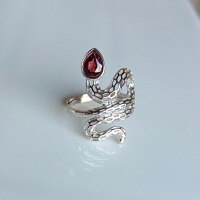wholesale S925 Silver Inlaid Natural Garnet Spirit Snake Ring, a Must-Have for Your Zodiac Year, Fashionable and Versatile Hand Accessory-Natural Garnet Snake Ring Adjustable opening