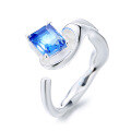 wholesale S925 Sterling Silver Korean-style Small Irregular-Shaped Blue Square Zircon C-Shaped Unique Open Ring-0-4