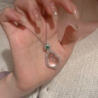 wholesale 925 Sterling Silver New Chinese Style High Ice White Glass Type Slightly Included Gourd "Fu Lu" Pendant Necklace for Women with Vivid Green Top Bead-Platinum 925 silver