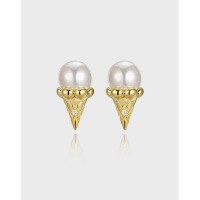 wholesale S925 Sterling Silver Summer Creative Ice Cream Pearl Inlaid Small Unique Design Earrings Women's Versatile Accessories-Yellow>925 silver
