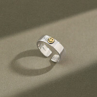 wholesale S925 Sterling Silver Smile Ring Korean Version INS Retro Smile Adjustable Women's Ring Versatile Student Ring-Vintage silver + gold [No. 14/Adjustable] > Opening adjustable