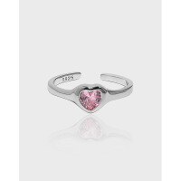 wholesale S925 sterling silver Korean version ins design inlaid with pink heart-shaped zirconia textured open ring for women-Platinum [No. 15/Adjustable]>Opening adjustable