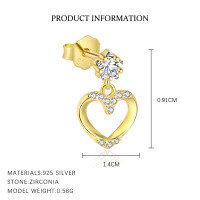 wholesale S925 Sterling Silver Sweet Heart Earrings For Women, Simple And Luxurious Zircon Studded, Fashionable And Versatile-E4956-Gold/Single 925 Silver