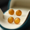 wholesale S925 silver inlaid natural aged beeswax amber chicken oil yellow earrings with 10mm bare stone size-0-2