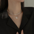 wholesale S925 silver crescent moon minimalist inlaid diamond shell necklace for women, simple collarbone chain D9073-0-2