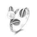 wholesale S925 sterling silver vintage pearl-inlaid leaf-shaped open ring, fresh pastoral style luxury index finger ring-0-5