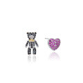 wholesale Metal: 925 Silver Inlaid with Diamonds Asymmetric Heart Bear Stud Earrings for Women, Korean Style Fashion Student Personality Cute Earrings-0-4