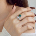 wholesale S925 Sterling Silver French New Style Women's Ring with Leaf-Enclosed Emerald Main Stone, Fashion Wedding Design, Ready to Ship-0-1