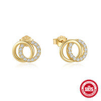 wholesale 925 Sterling Silver Double Hoop Diamond Inlaid Elegant Earrings, Korean Style Minimalist Design-Gold 925 silver