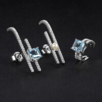wholesale S925 Silver Fashionable Light Luxury Earring Three-Piece Set with Inlaid Natural Freshwater Pearls and Matching Topaz Ear Studs and Ear Clips-S925 sterling silver inlaid with natural pearls + topaz 925 silver
