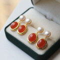 wholesale S925 sterling silver gold-plated natural Sichuan cherry red pearl earrings, women's pearl and southern red agate stud earrings-0-2