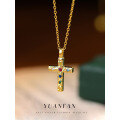 wholesale S925 Sterling Silver Colored Zircon Cross Pendant Necklace with Crinkle Texture-0-0