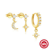 wholesale S925 Sterling Silver Evil Eye Octagram Moon Diamond-Encrusted Hoop Earring Set with Classic European Pearls-3-piece set - Gold#2 925 silver