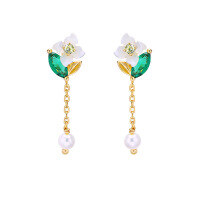 wholesale 925 Sterling Silver Fairy Flower Earrings Shell Floral Tassel Zirconia Asymmetric Ear Studs Simple Elegant Internet-Famous-Shell Flower Pearl Tassel Earrings 925 Silver