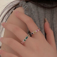 wholesale S925 Sterling Silver with Emerald Multi-Color Adjustable Open Ring for Women, Autumn New Collection Small Batch Design-Sterling silver (opening adjustable)