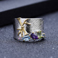 wholesale Original design new Chinese-style gemstone ring in S925 sterling silver with natural diopside, topaz, and amethyst-0-1