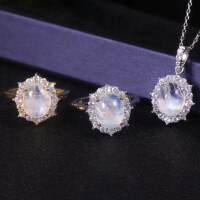 wholesale S925 Sterling Silver Light Luxury Minimalist Style Natural Moonstone Ring and Pendant Set, Cream Blue Moonstone Ring-Natural Moonstone Ring (Size Note)