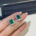 wholesale S925 Sterling Silver Emerald Stud Earrings for Women, Muzo Green with Inclusions, Simulated Diamond, High-Carbon Diamond, Colorfast, Silver Jewelry-0-3