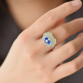 wholesale 925 Silver with Certificate Antique Gold Inlaid Hetian Jade Adjustable Open Ring Cold Enamel Lotus Gemstone Women's Ring-0-2