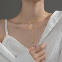 wholesale S925 Silver Korean-style Elegant Double-layer Beaded Y-shaped Necklace Long Slide Bead Collarbone Chain D5938-S925 silver necklace gold>925 silver