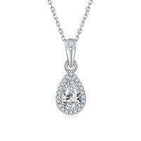 wholesale S925 Sterling Silver Classic Halo Teardrop Pear Shape Stud Earrings and Necklace Set with Certificate, 1 Carat Moissanite Jewelry-1ct Moissanite Pendant 925 Silver