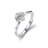 S925 Sterling Silver Moissanite Bamboo Knot Four-Prong Ring for Women-Bamboo Ring (White Gold)  1 Carat Moissanite