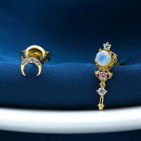 wholesale 925 Sterling Silver Gold-Plated Magical Staff Asymmetric Moon Earrings Women's Ear Studs Japanese Style Cardcaptor Sakura Merchandise New-Magic Wand Asymmetrical Earrings 925 Silver