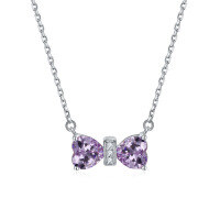 wholesale 925 Sterling Silver Double Heart Shaped Lucky Stone Zircon Pendant Bow Necklace for Women Small Collarbone Chain Ins Wholesale-Blue【June】>925 silver