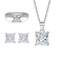 wholesale 925 Sterling Silver European and American Three-Piece Set: Pave Diamond Ring, Square Zircon Necklace, and Women's Stud Earrings with a High-End Feel-Earrings TLED110 925 silver