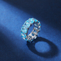 wholesale S925 Pure Silver Aquamarine Row of Diamonds Ring with Technology Gemstone Setting, High Carbon Diamonds, and Ice Flower Cut Gemstone-White No. 6