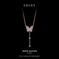Metal Alloy Delicate Double-Layer Butterfly Collarbone Necklace with Moissanite Long Fringe-0-0