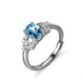 Sterling Silver Natural Blue Topaz Moissanite Ring, 1 Carat Geometric Oval Halo Design-0-3