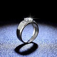 Platinum-Plated 925 Silver Moissanite Ring, Minimalist Men's Wedding Band for E-commerce-1 carat (eight hearts and eight arrows zircon)  Adjustable opening